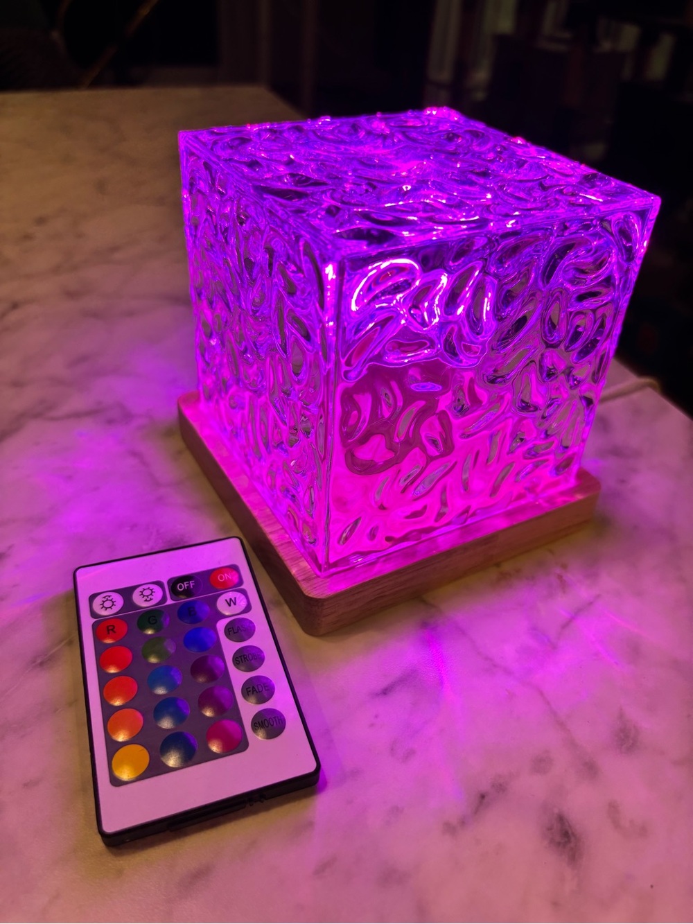 Decorative LED Glass Cube Lamp with Remote - Pink Glow